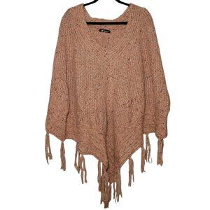 Boho Knit Poncho Wool Blend Fringe Bronze Womens One Size Oversized Cozy